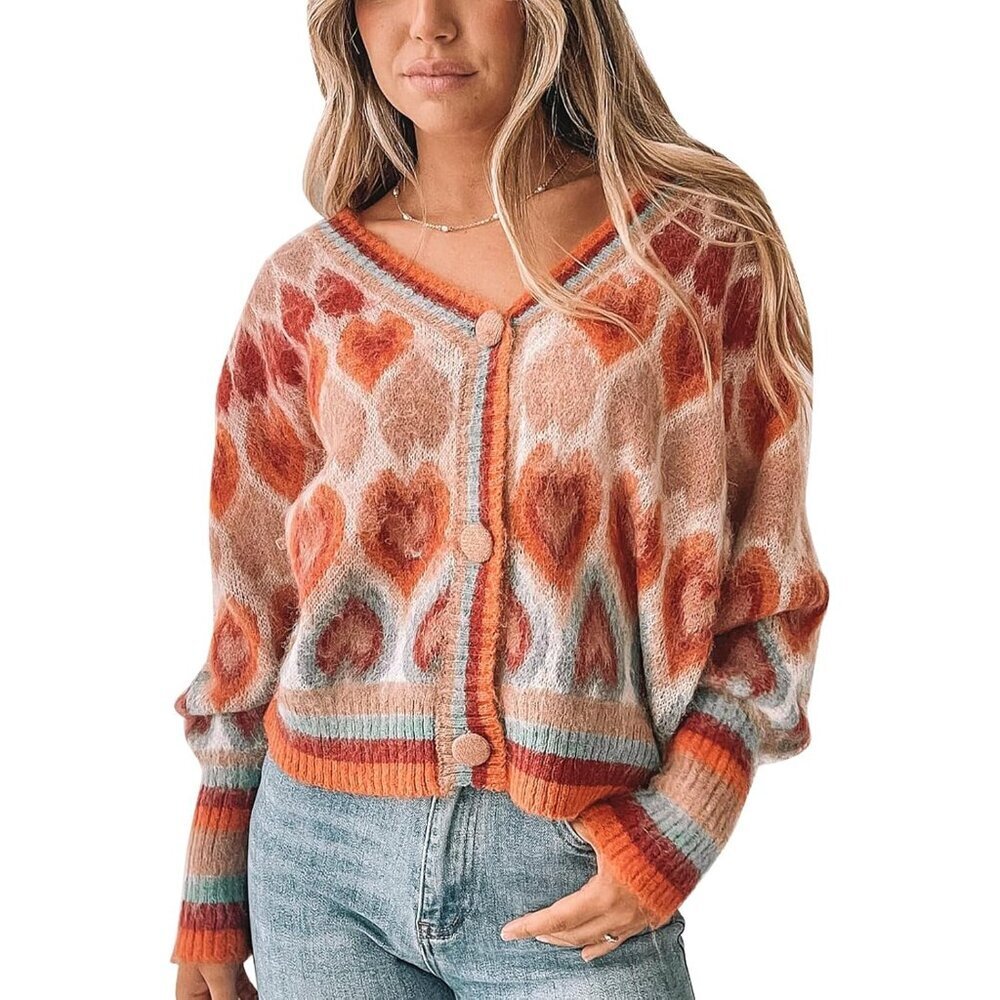 Women’s Acrylic Heart Print Cardigan Open Front Cropped V Neck Sweater